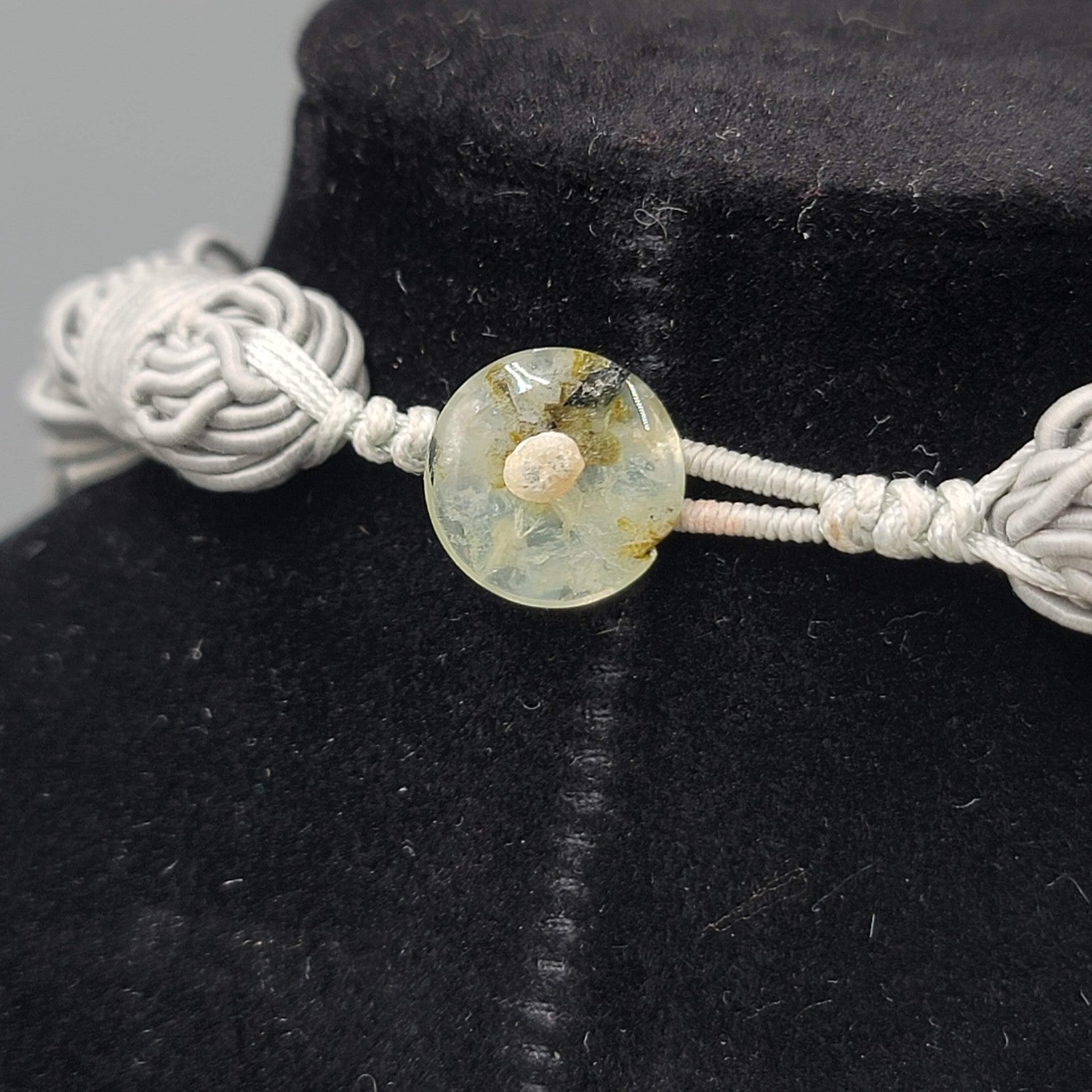Artisan Light Green Stone Cluster Statement Necklace Multi Strand Gray Cord 20"