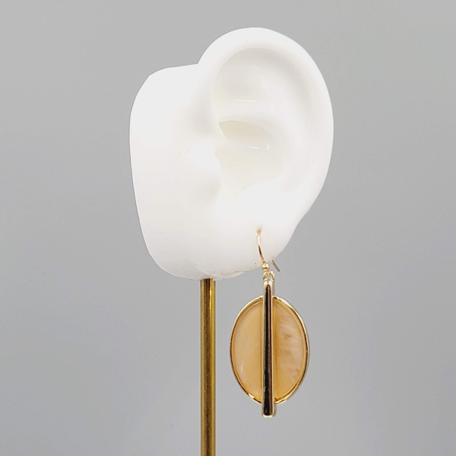 Oval Pierced Earrings Gold tone Dangle Peach Iridescent 1.5"