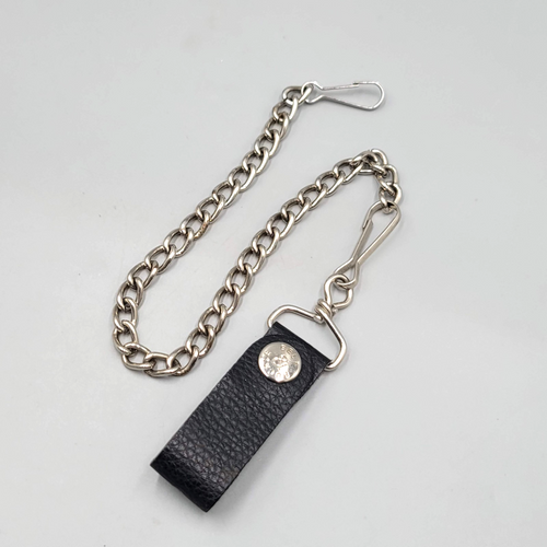 Belt & Buckle Wallet Chain Black Leather Silver tone 12"