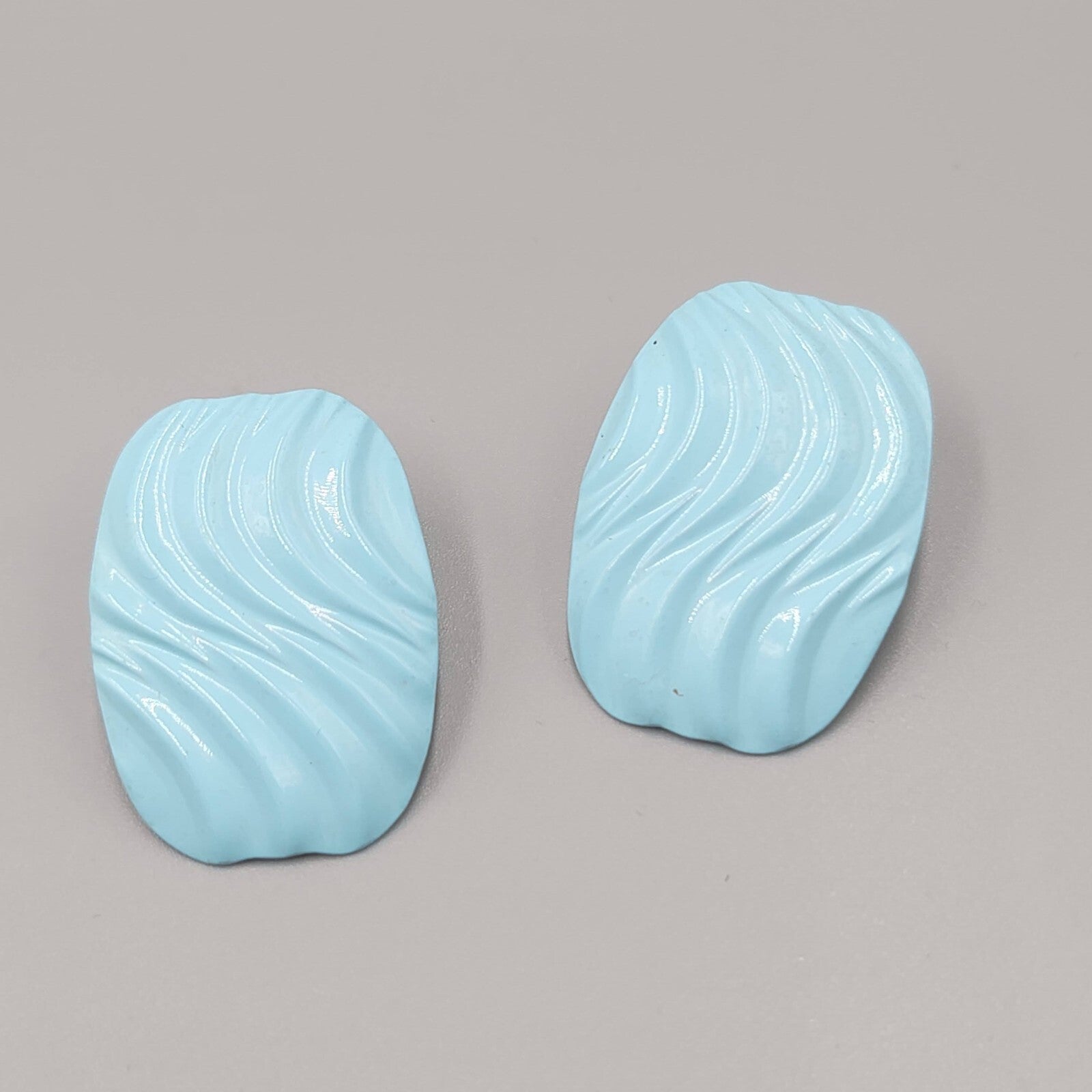 Vintage Pierced Earrings Light Blue Enamel Wavy Rectangle 1.25"
