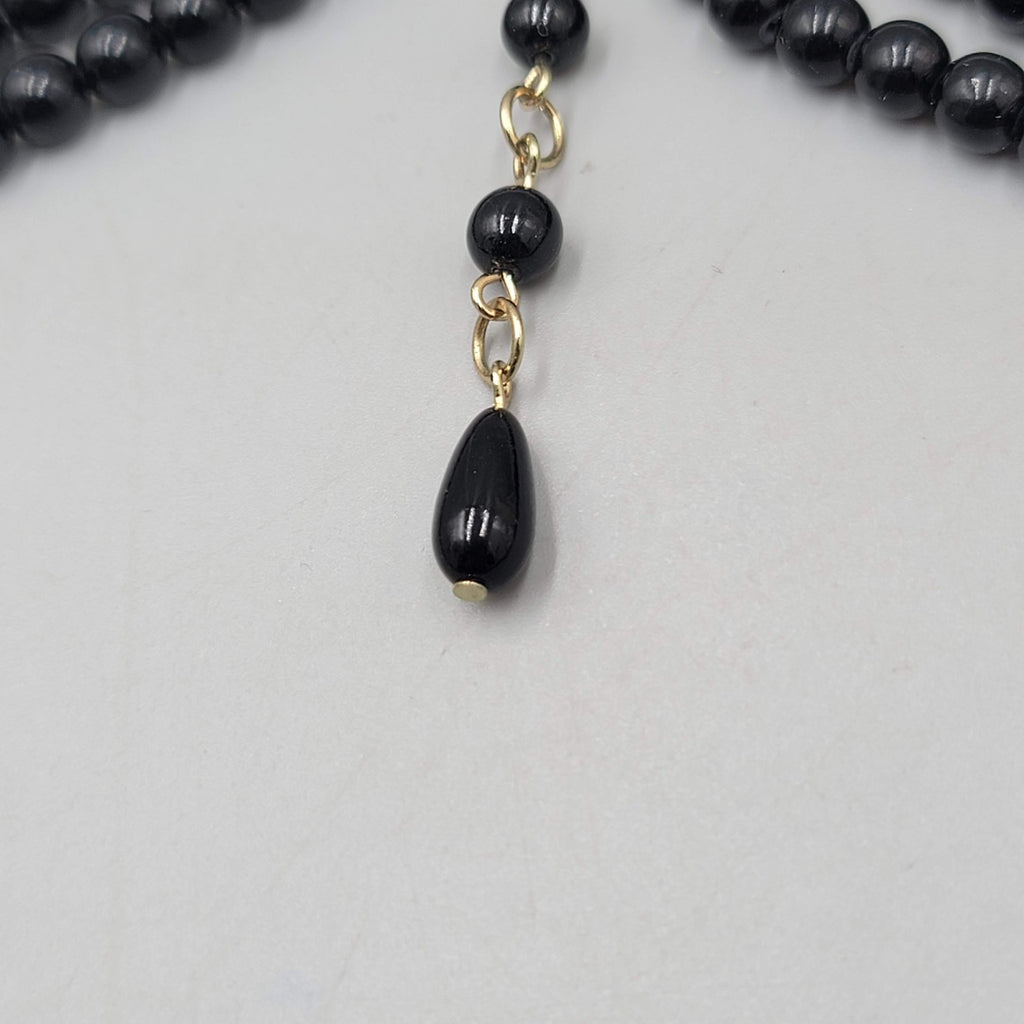 Black Bead Necklace Retro Style Triple Strand Collar Gold tone 16"-18"