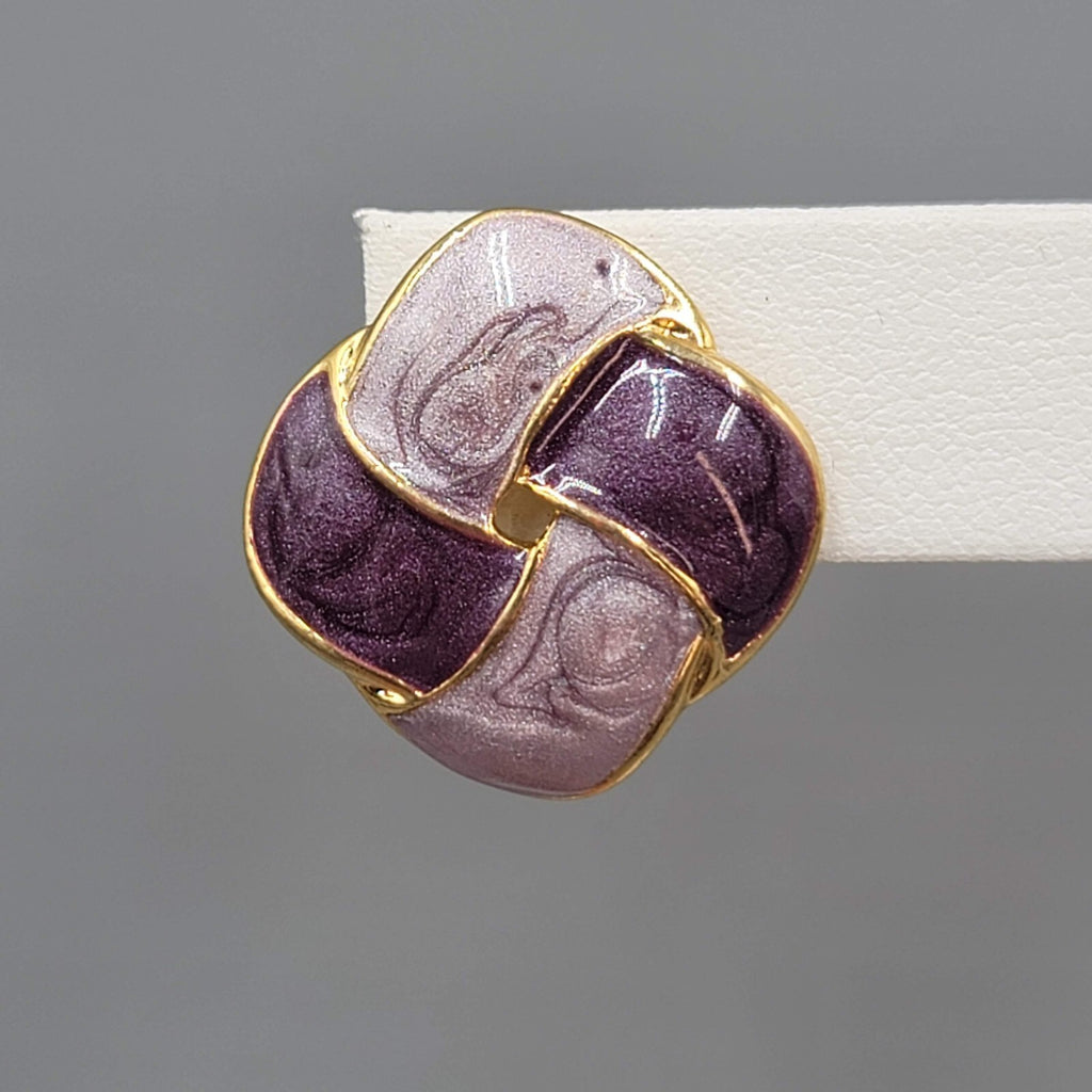 Vintage Purple Enamel Pierced Earrings Square Knot Drop 7/8"