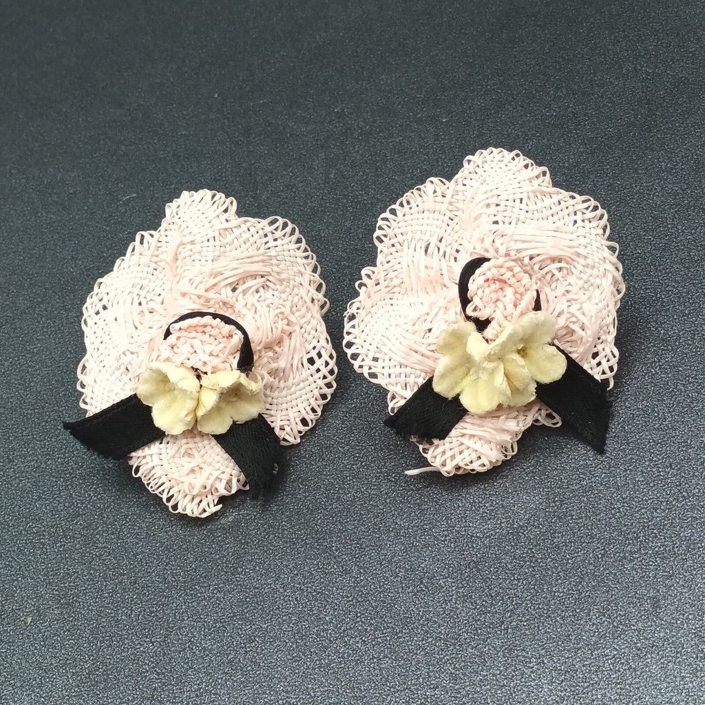 Vintage Clip on Earrings Pink Fabric Hat White Flower Statement Drop 2"