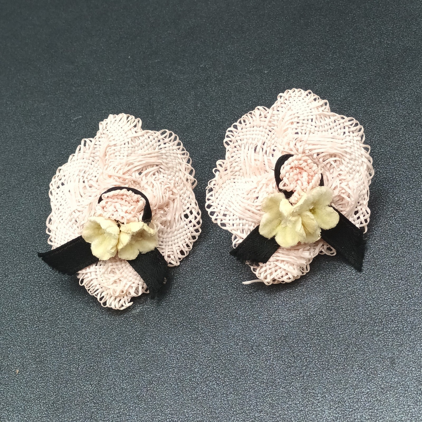 Vintage Clip on Earrings Pink Fabric Hat White Flower Statement Drop 2"