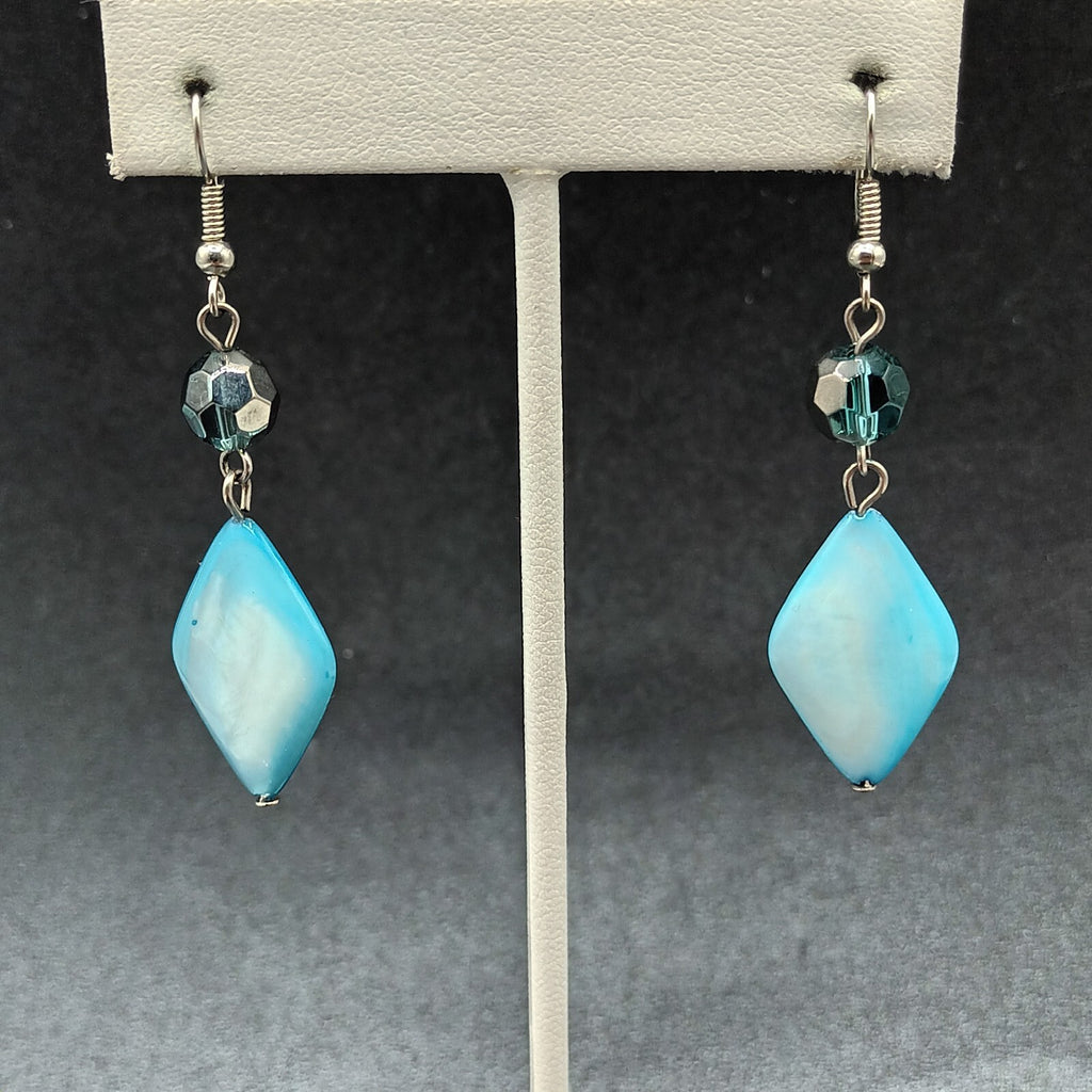 Pierced Earrings Silver tone Hook Blue Shell Geometric Beaded Dangle 1 5/8"