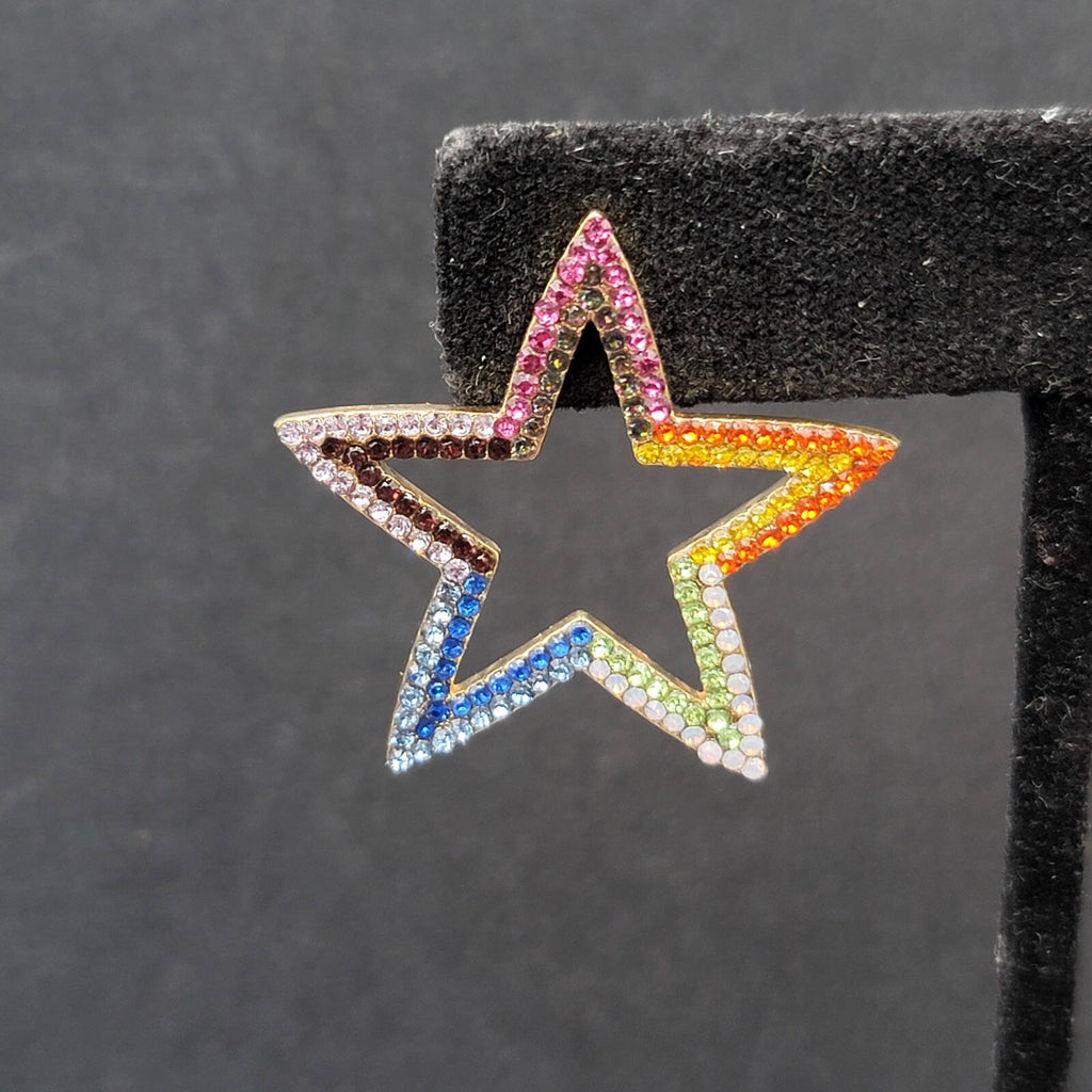 Open Star Pierced Earrings Multicolor Tiny Crystals Drop 1.25"
