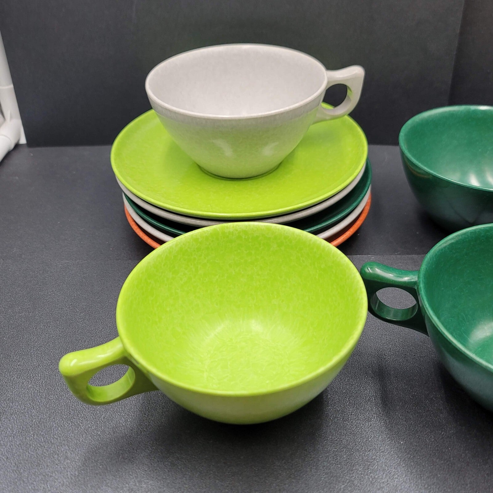 Vtg Melmac Coffee Cups Color Flyte by Branchell Creamer Sugar Saucers 12 pc
