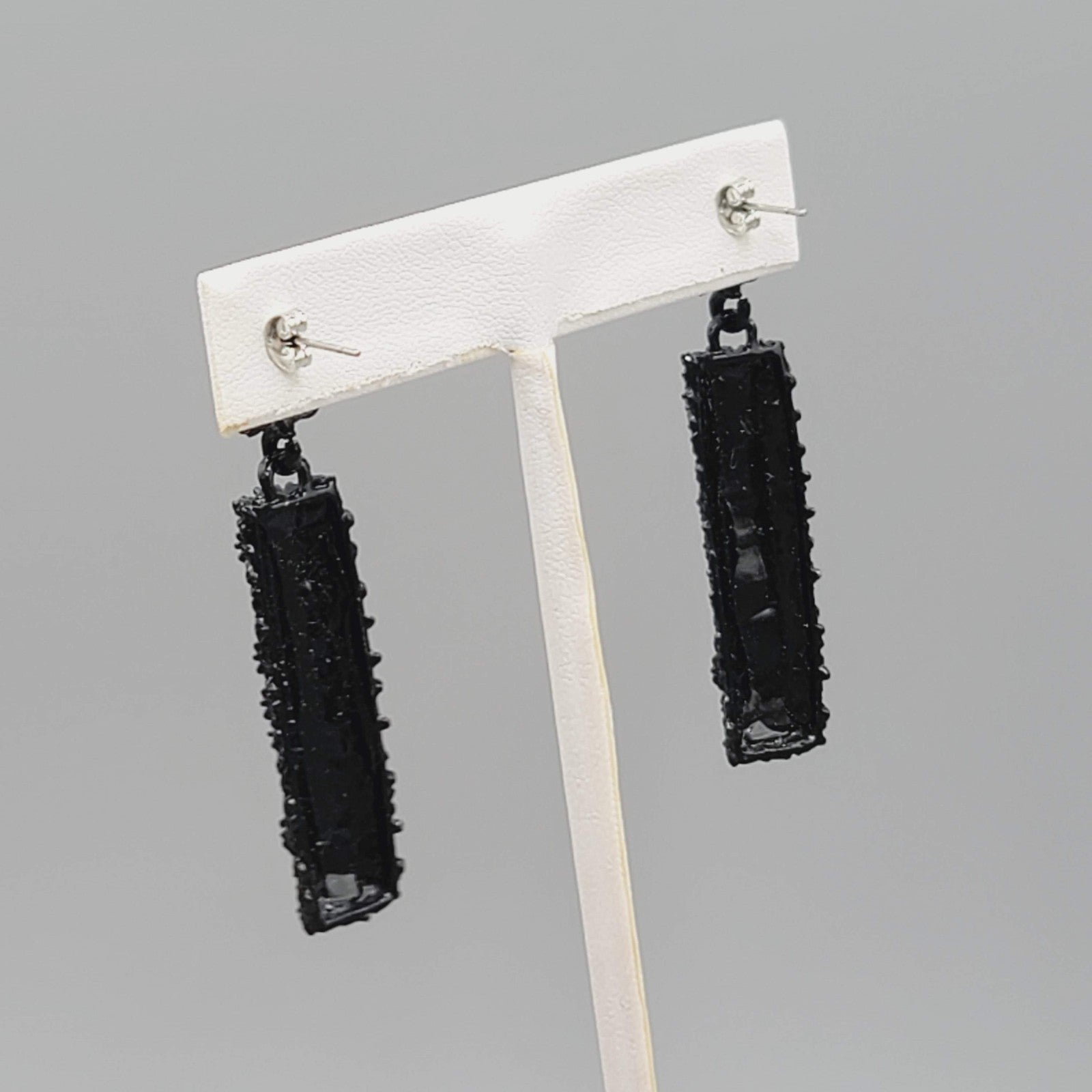 Pierced Earrings Black Enamel Rhinestone Dangle 2"