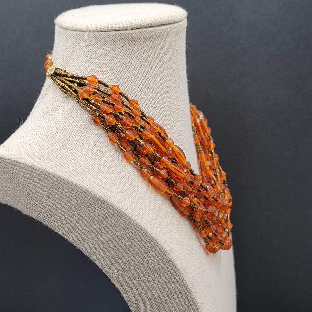 Vtg Japan Orange Glass Beaded Gold Tone Filigree 13 Strand Necklace 13.5"-16"