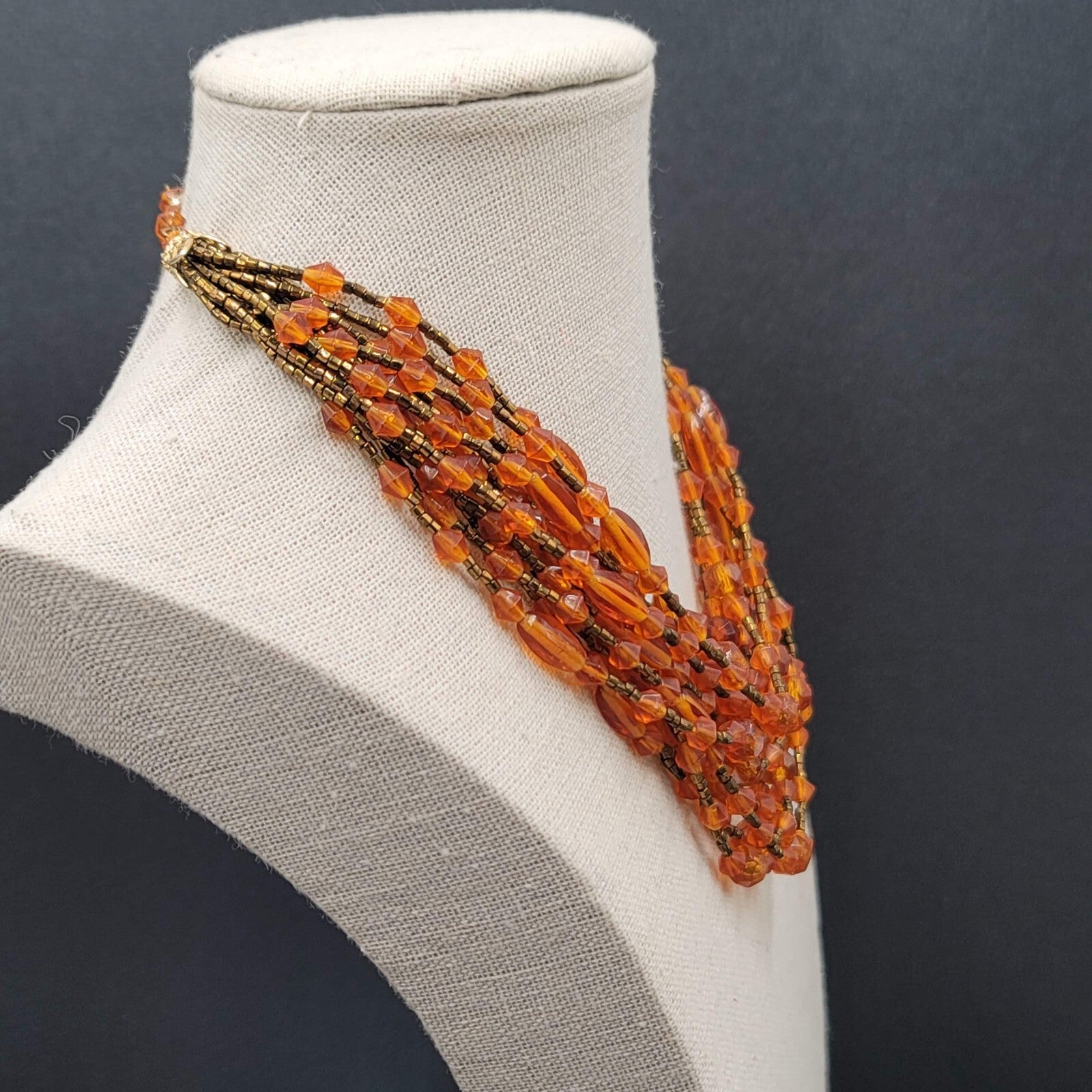 Vtg Japan Orange Glass Beaded Gold Tone Filigree 13 Strand Necklace 13.5"-16"