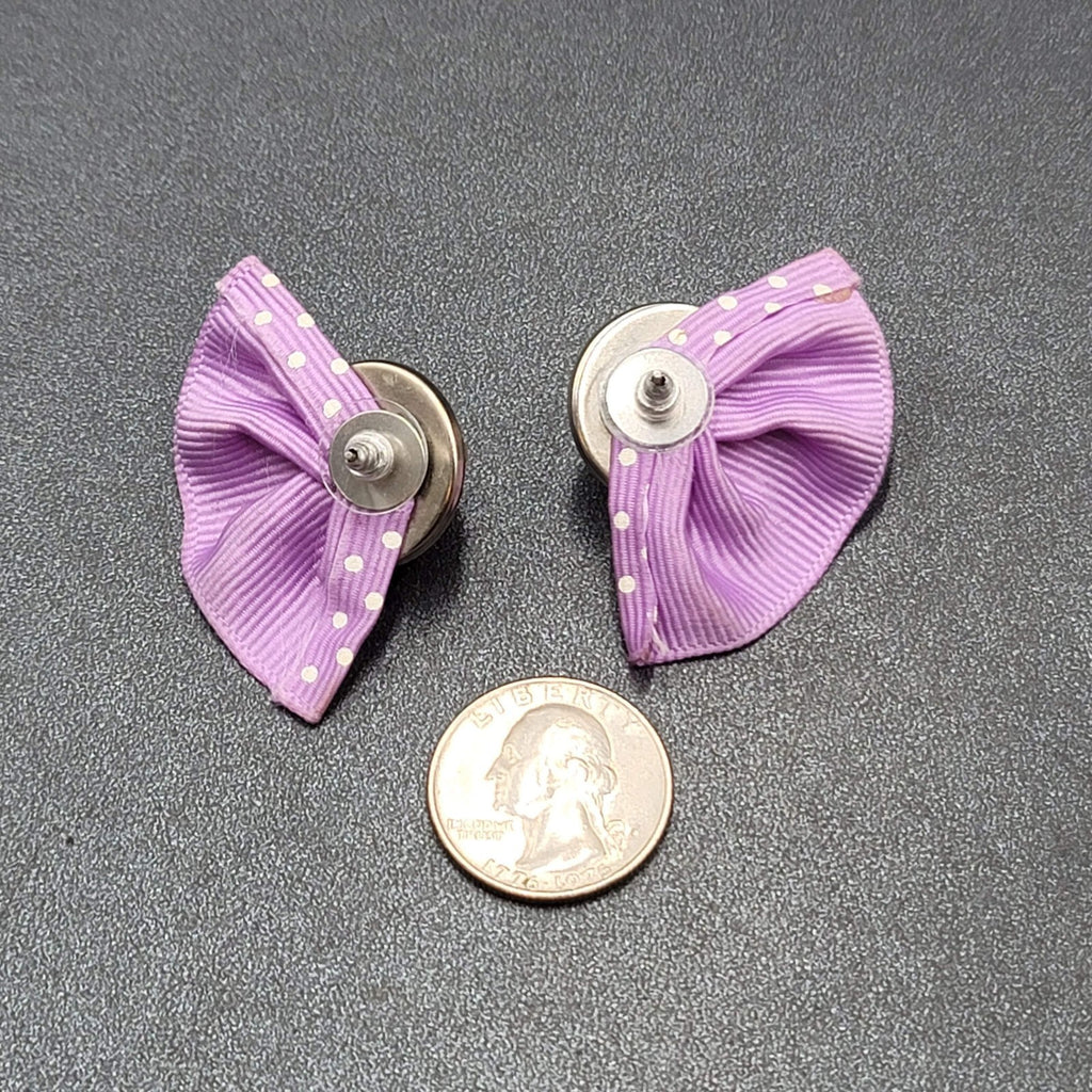 Vintage Pierced Earrings Purple Cabochon Polka Dot Grosgrain Ribbon 1 7/8"
