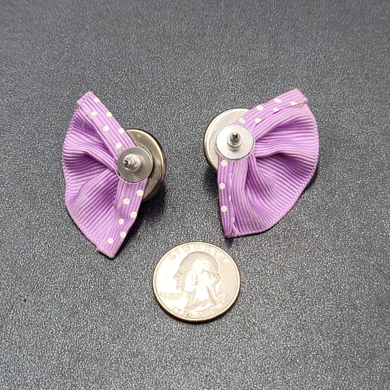 Vintage Pierced Earrings Purple Cabochon Polka Dot Grosgrain Ribbon 1 7/8"
