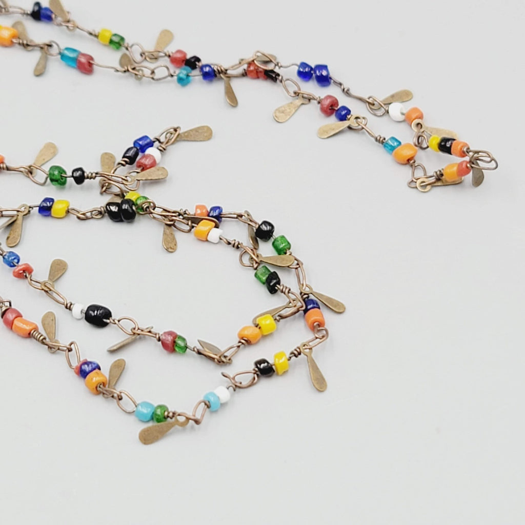 Artisan Multicolor Seed Beads Large Brass Pendant Necklace Long 42 in