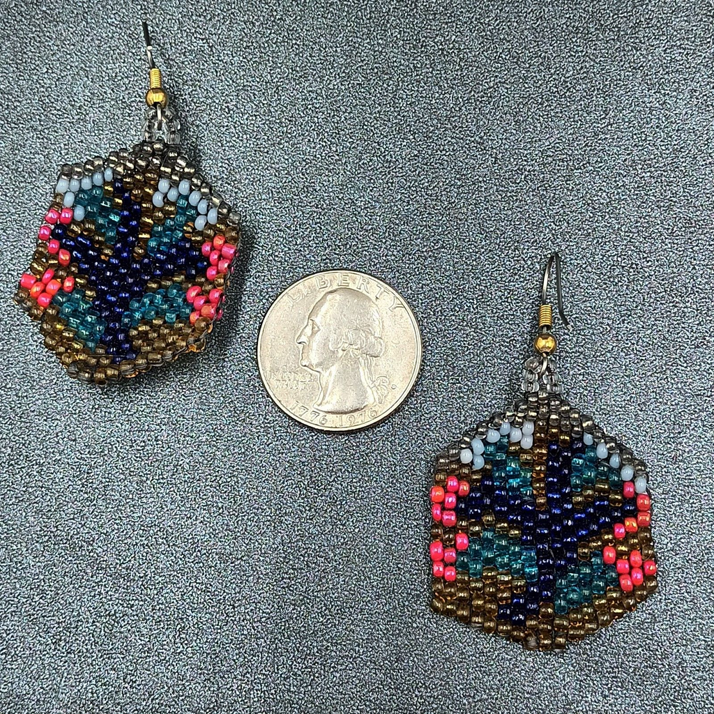 Pierced Earrings Multicolor Seed Bead Art Silver tone Hook Dangle 1 1/2"