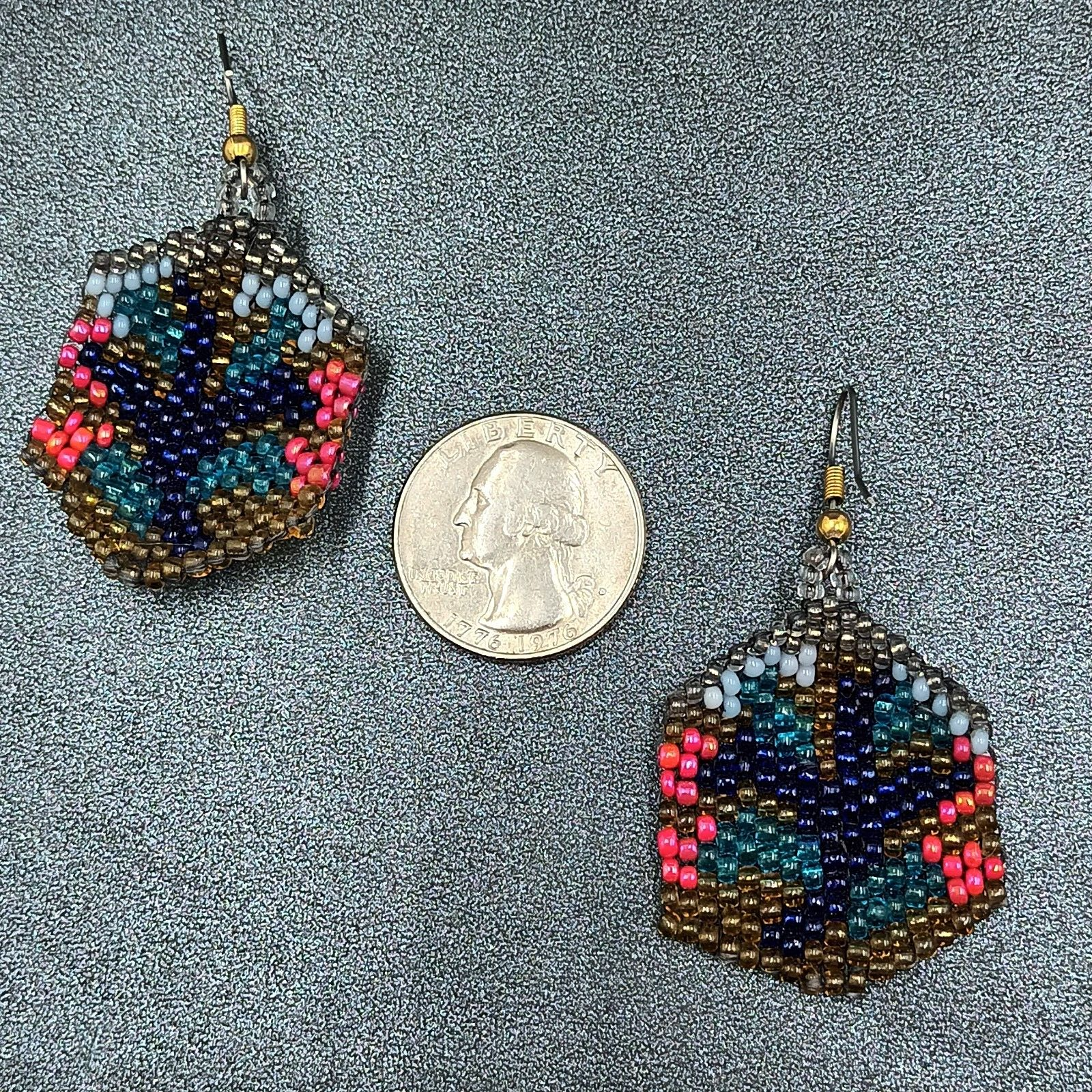 Pierced Earrings Multicolor Seed Bead Art Silver tone Hook Dangle 1 1/2"