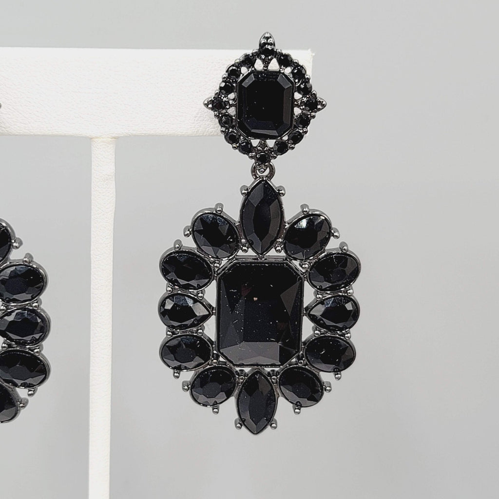 Pierced Earrings Black Metal Black Rhinestone Dangle 2.5"