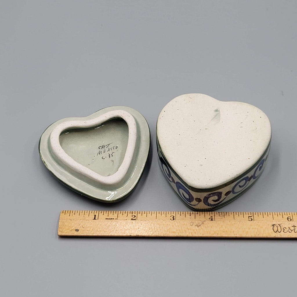Mexico Heart Shaped Trinket Jewelry Box Tonala Pottery Signed CAT Cabo San Lucas