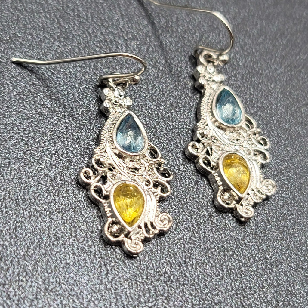 Pierced Earrings Silver tone Blue Yellow Teardrop Crystals  1 1/8"