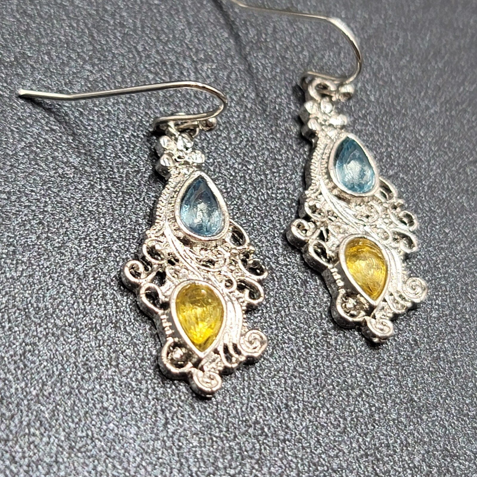 Pierced Earrings Silver tone Blue Yellow Teardrop Crystals  1 1/8"
