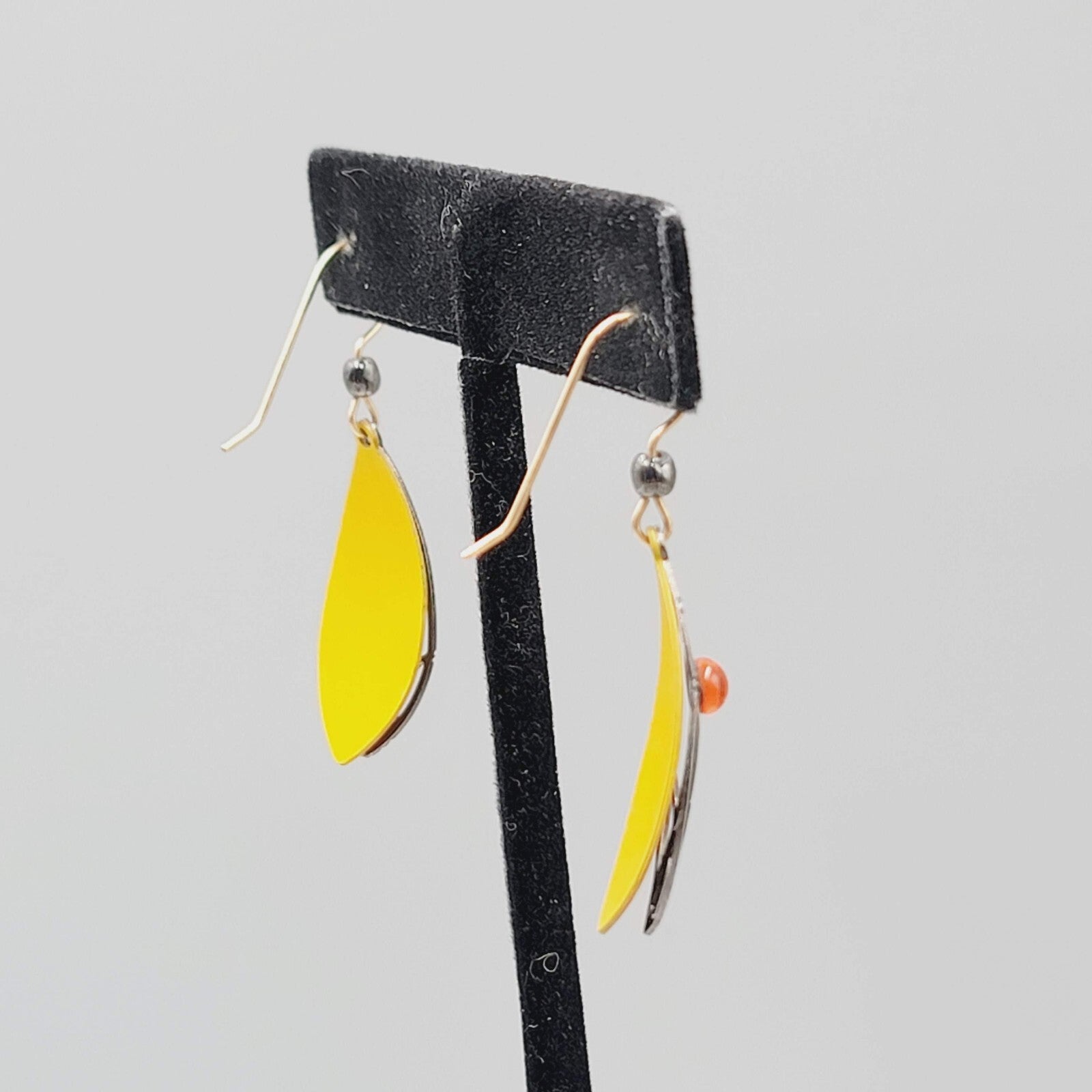 Butterfly Metal Wing Style Pierced Earrings Yellow Enamel Goldtone Dangle 1 1/8"
