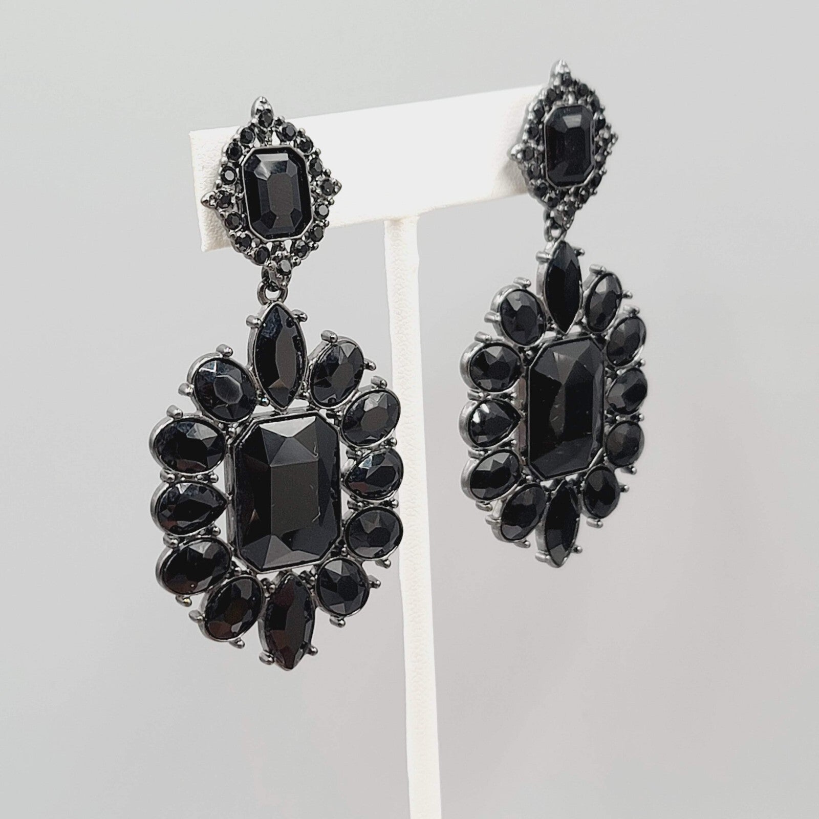 Pierced Earrings Black Metal Black Rhinestone Dangle 2.5"
