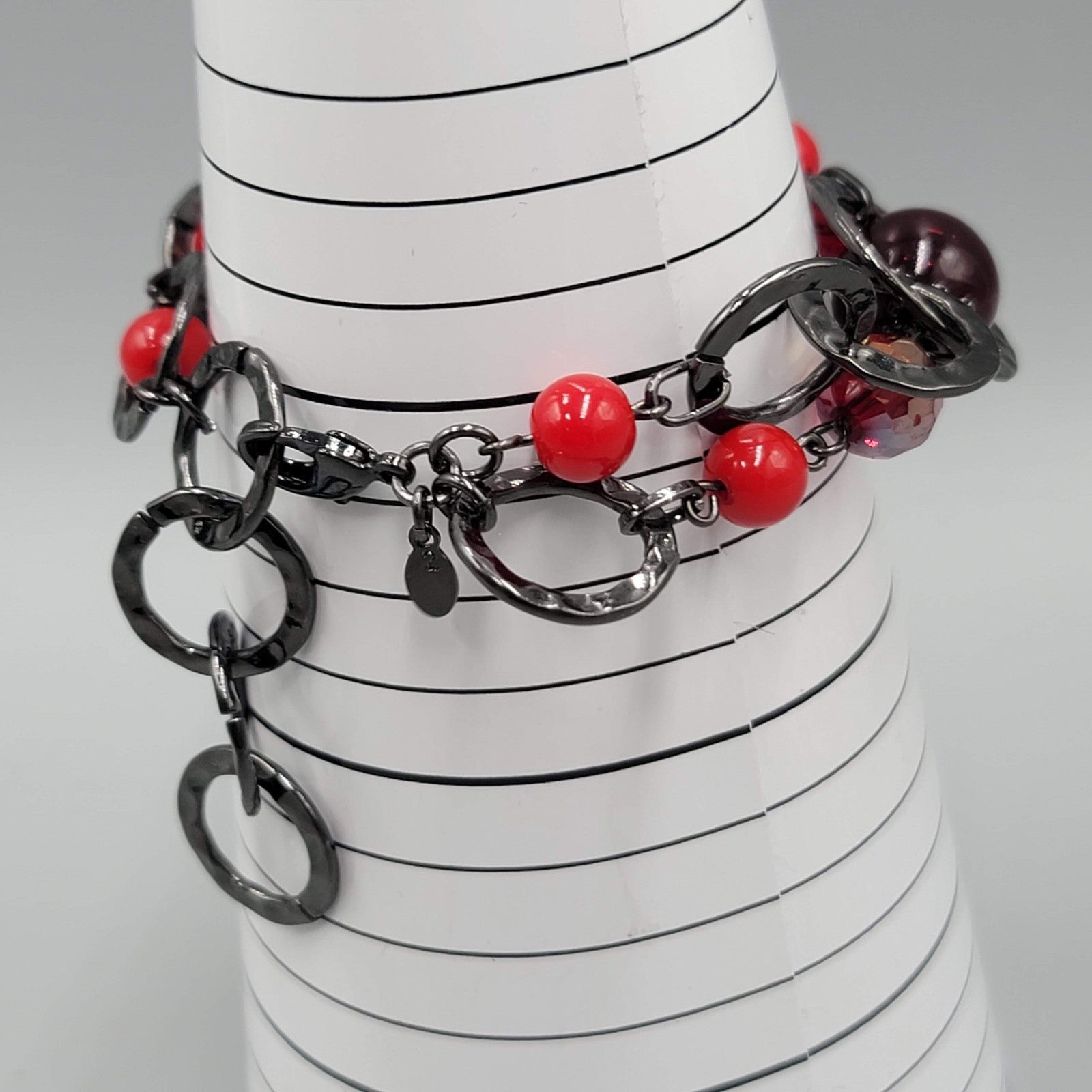 Premier Designs Bracelet Black & Red Bead Double Chain Adjustable 7"
