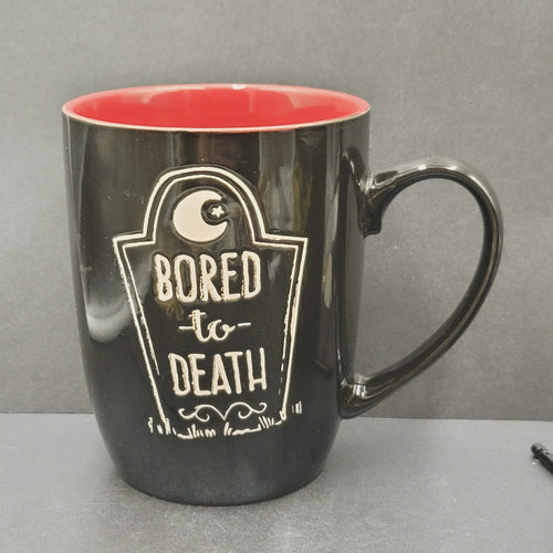 Bored to Death Coffee Mug Extra Black Embossed Dark Red Large 5.25"x4"