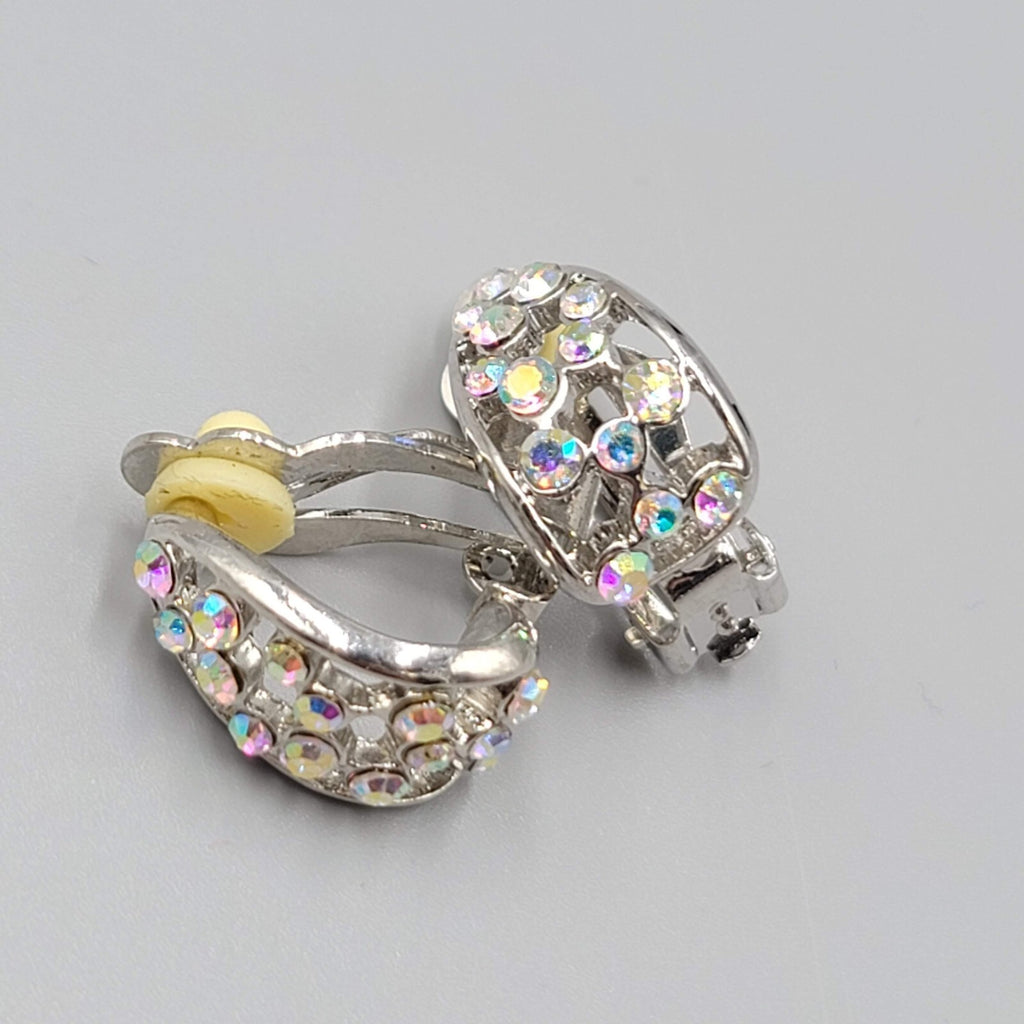 Clip on Earrings Silver tone AB Rhinestones Half Hoop Drop  3/4"