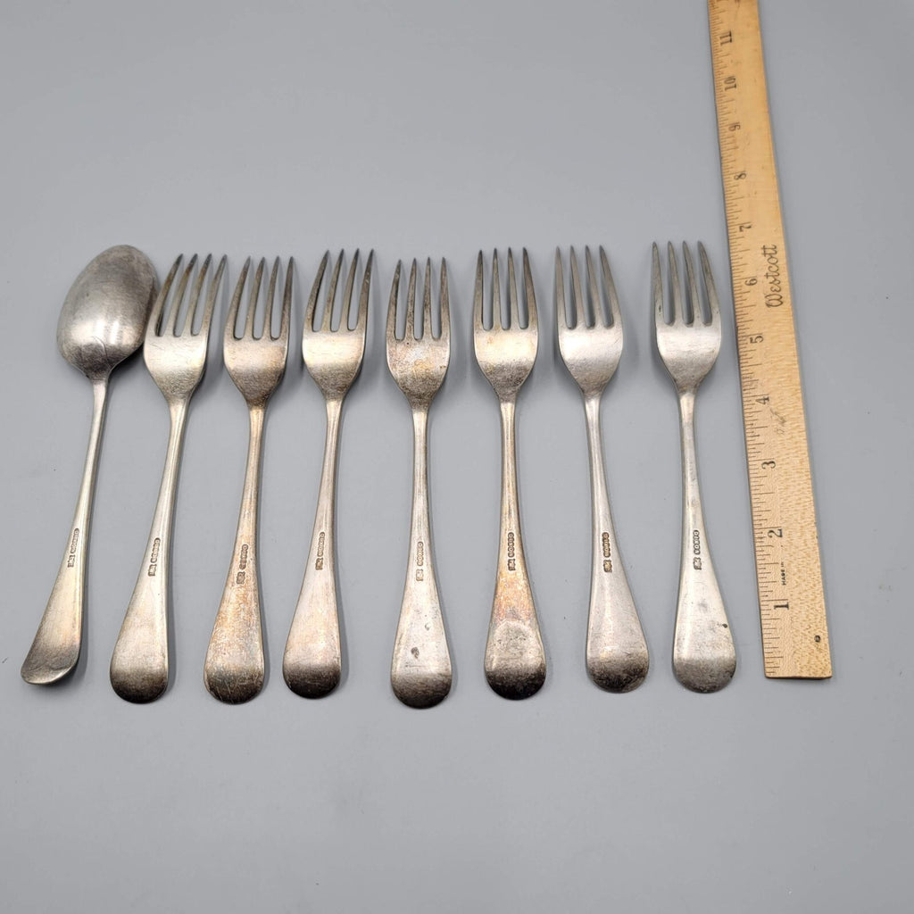 Antique James Dixon Silver plate 7 Forks Spoon Crest Monogram Heraldic Set