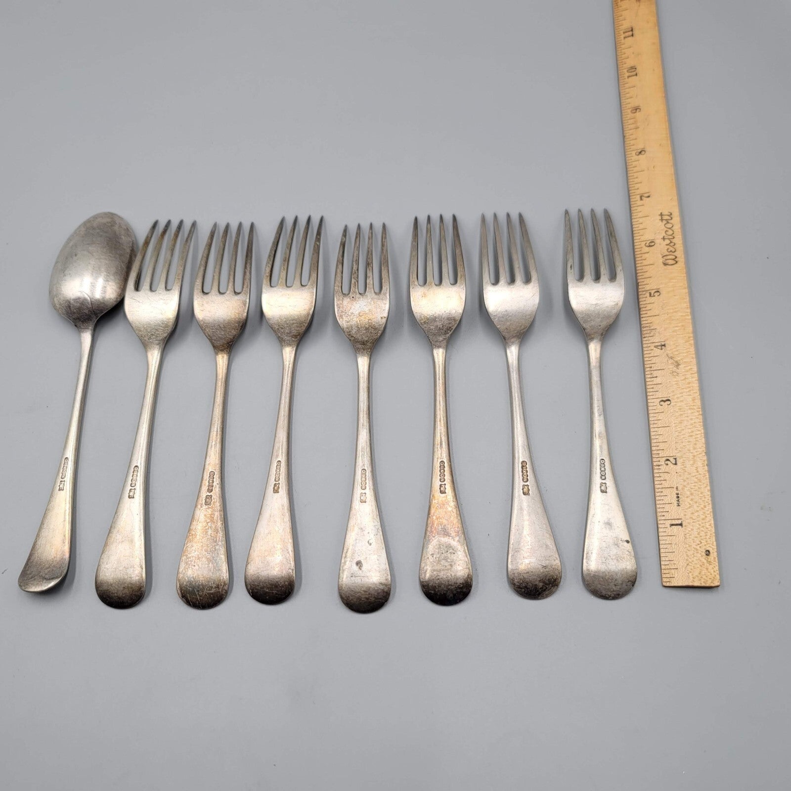 Antique James Dixon Silver plate 7 Forks Spoon Crest Monogram Heraldic Set