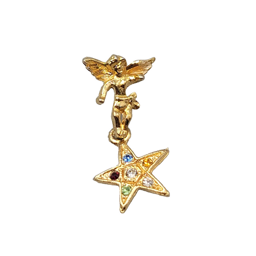 Eastern Star Angel Lapel Pin Faux Jewels Dangling Star 1.25"