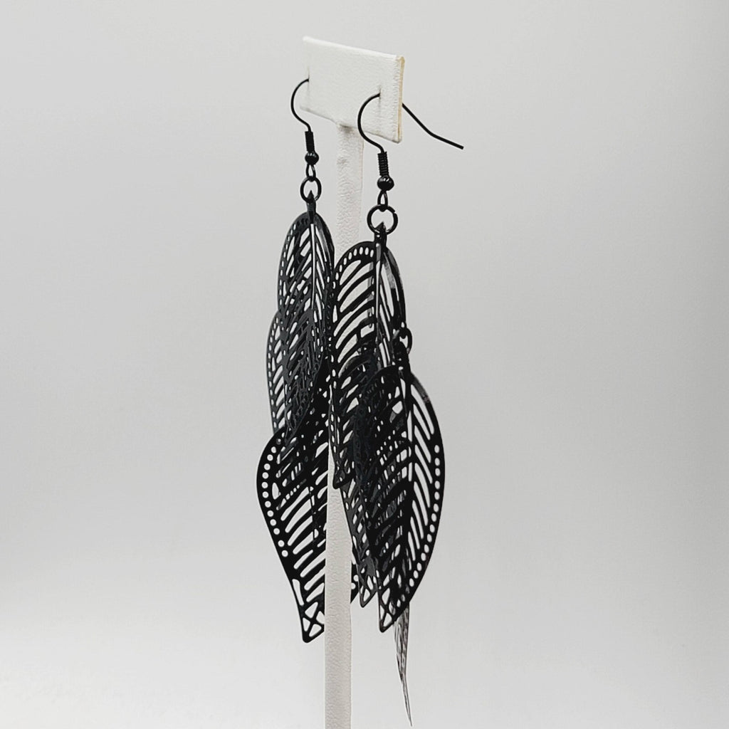 Large Statement Pierced Earrings Black Enamel Leaf Chandelier Dangle 3.5"
