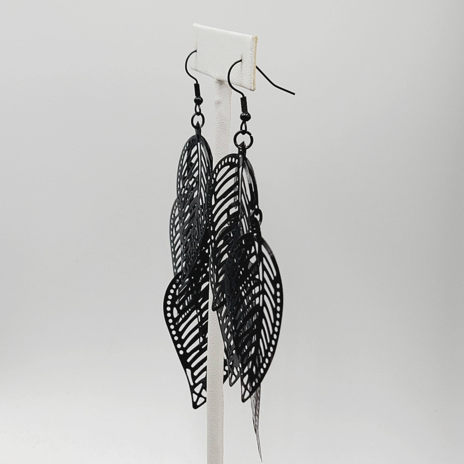 Large Statement Pierced Earrings Black Enamel Leaf Chandelier Dangle 3.5"