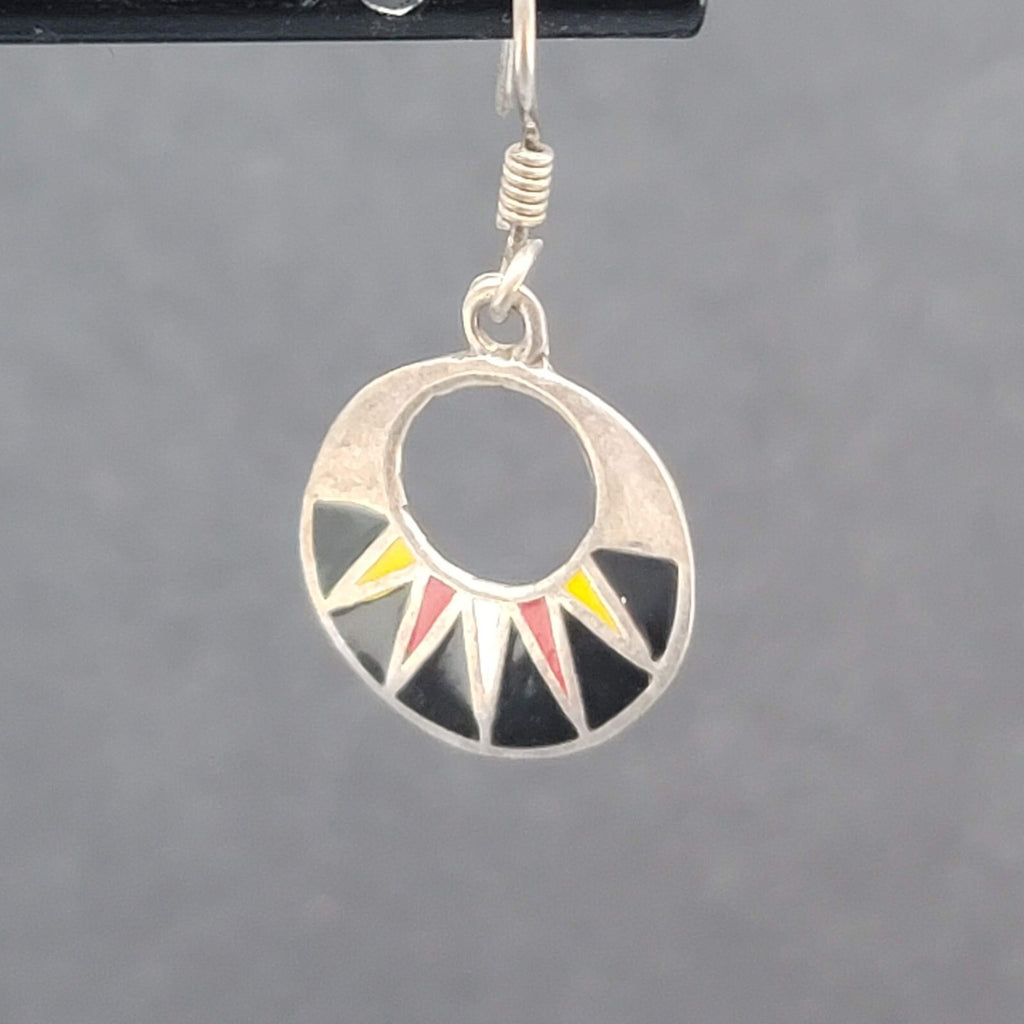 Mexico Sterling Silver Pierced Earrings Enamel Red Black Yellow 925. 5/8"