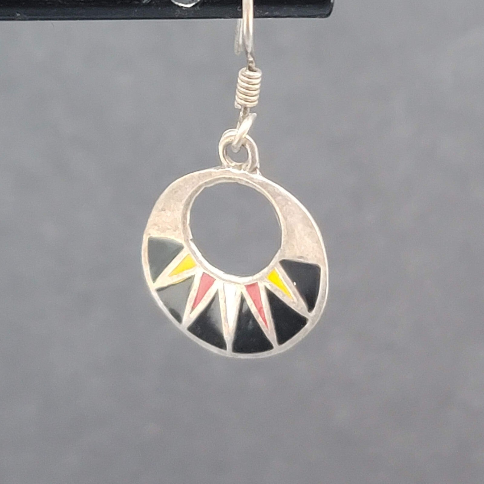 Mexico Sterling Silver Pierced Earrings Enamel Red Black Yellow 925. 5/8"
