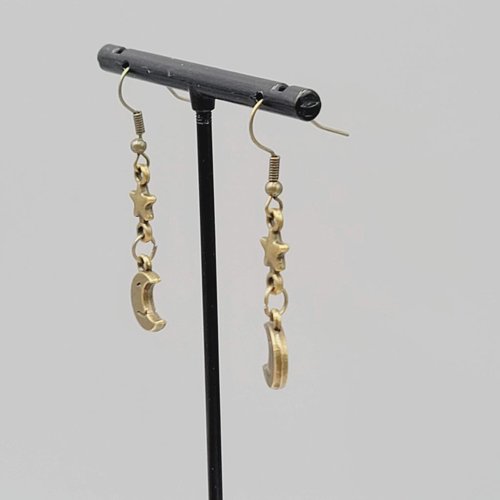 New Crescent Smiling Moon Star Pierced Earrings Bronze tone Dangle 1.25"