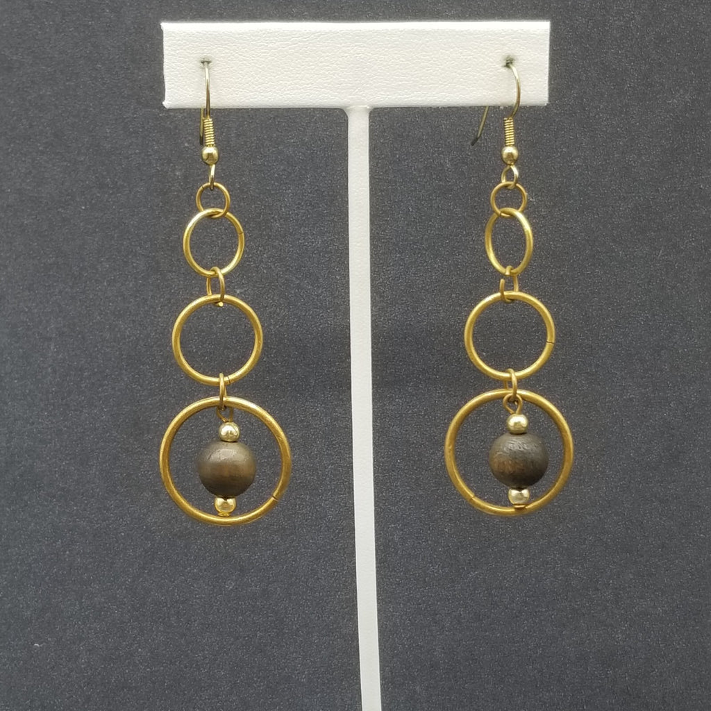Pierced Earrings Antiqued Gold tone Graduated Chain Wood Bead Dangle 2 1/8"