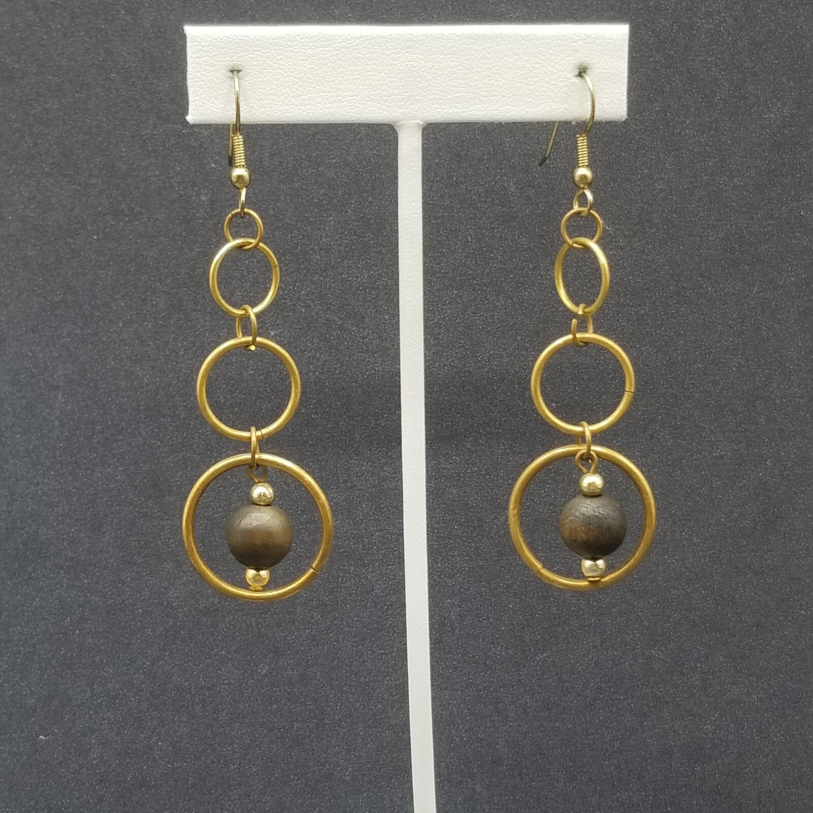 Pierced Earrings Antiqued Gold tone Graduated Chain Wood Bead Dangle 2 1/8"
