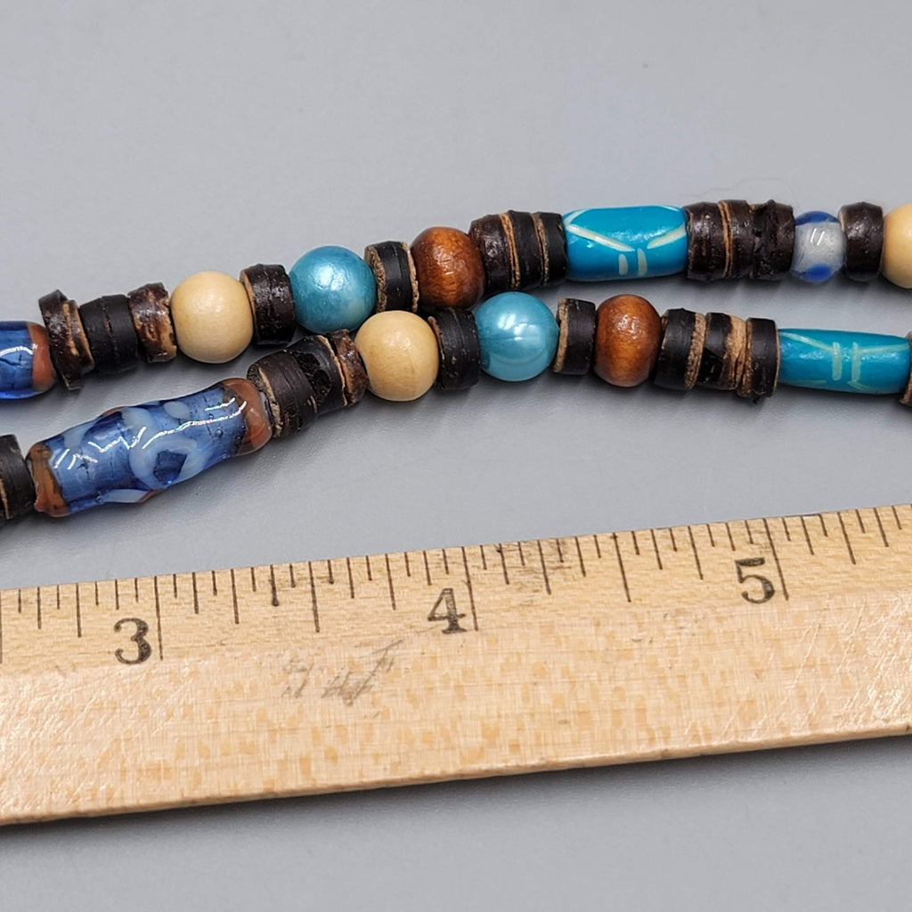 Artisan Beaded Necklace Wood Coconut Art Glass Blue Brown Beige Button Close 17"