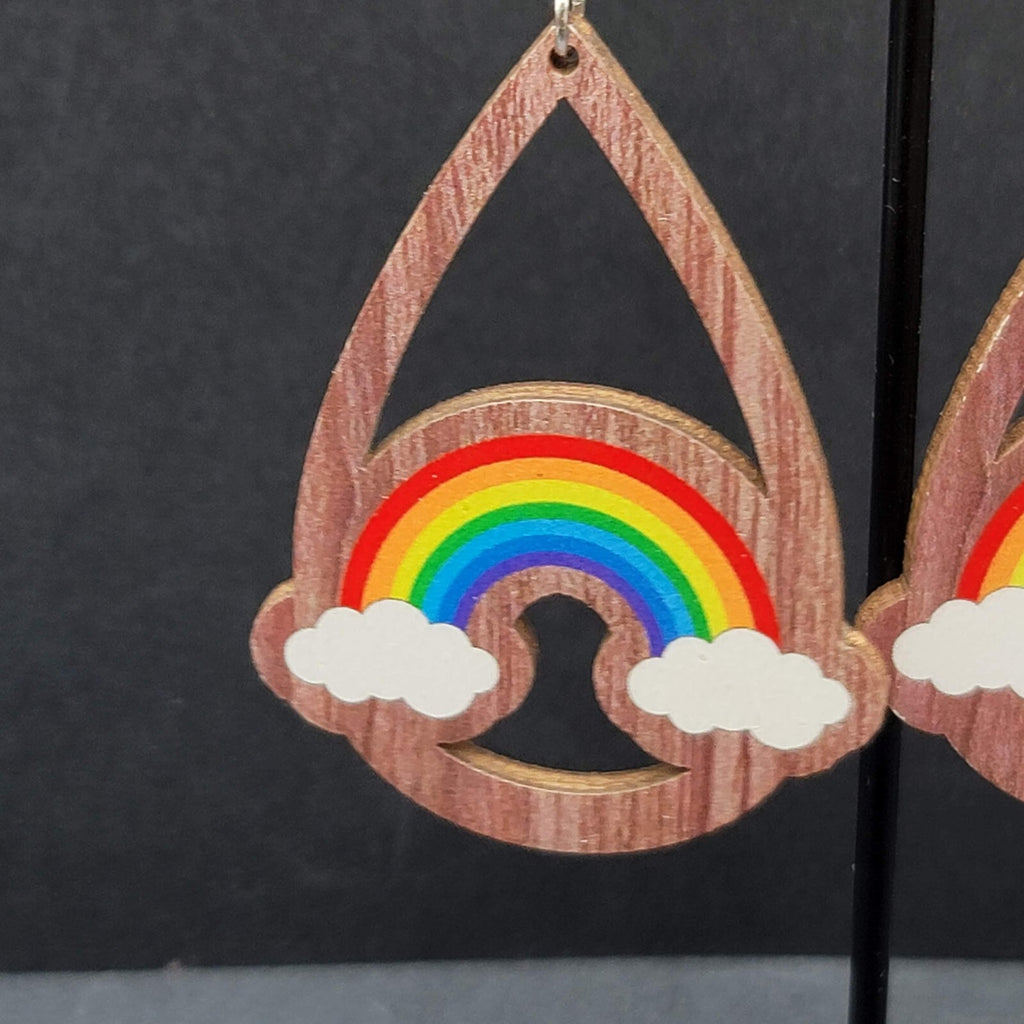 New Rainbow Pierced Earrings Pride Wood Teardrop Dangle 2.25"