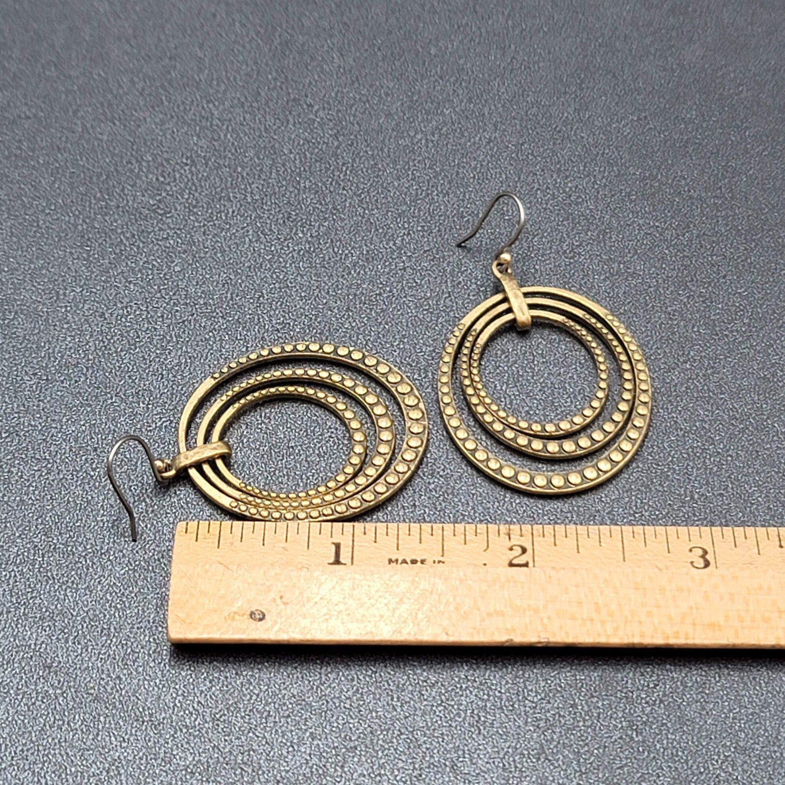Concentric Ovals Pierced Earrings Bronze tone Embossed Dangle New 1.75"