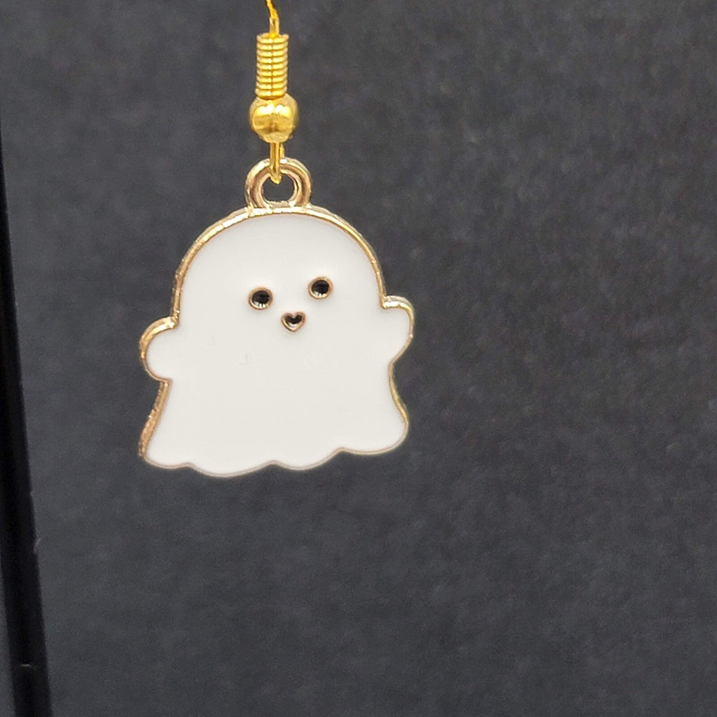 Ghost Halloween Pierced Earrings White Enamel Gold tone Enamel Dangle 3/4"
