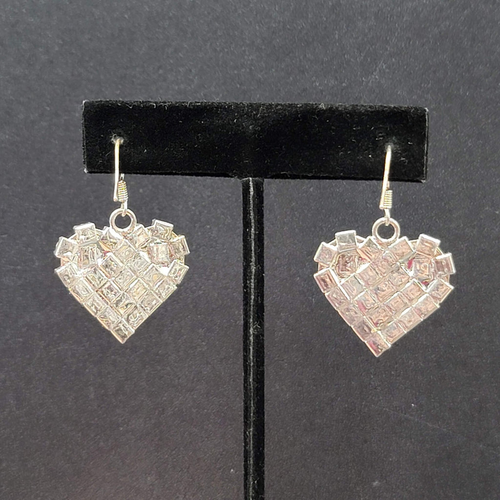 Vintage Pierced Earrings Silver tone Rhinestone Studded Dangle Heart 1"