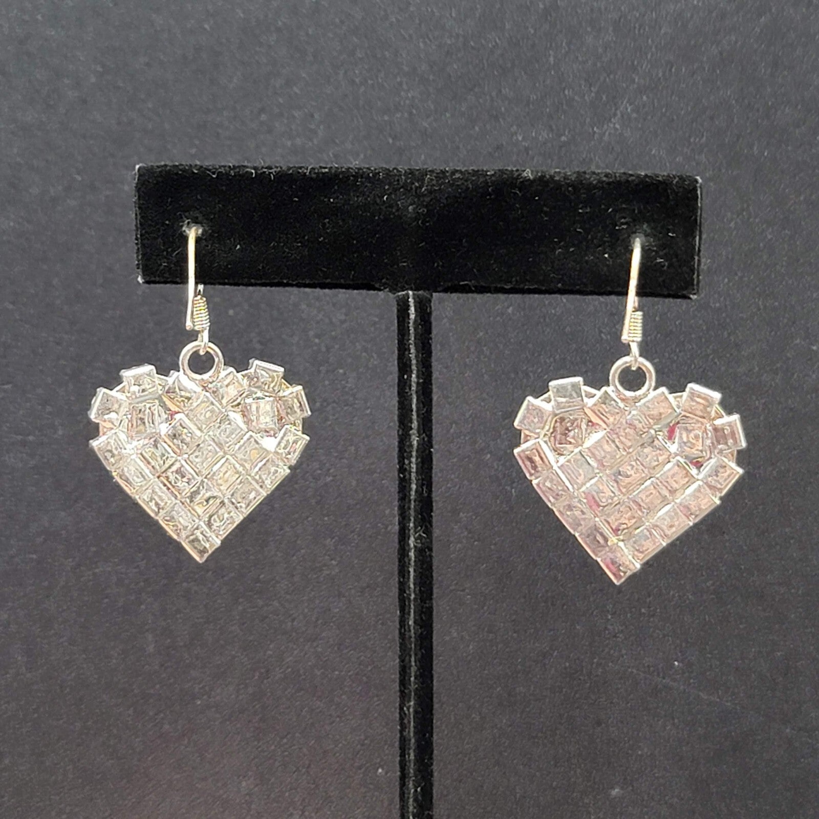 Vintage Pierced Earrings Silver tone Rhinestone Studded Dangle Heart 1"