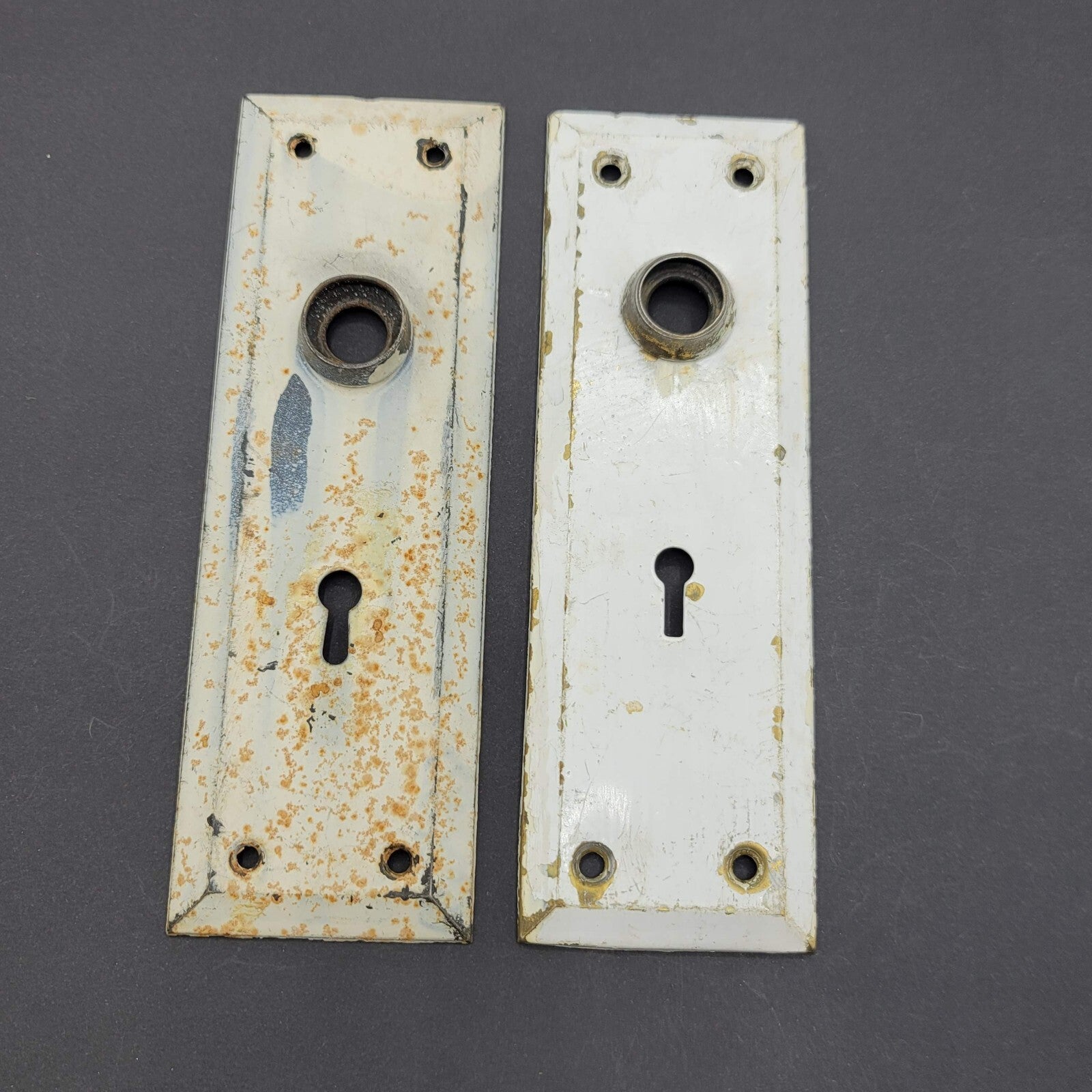 Vintage PAIR Brass Rectangle Doorknob Back Plates Shabby Painted White