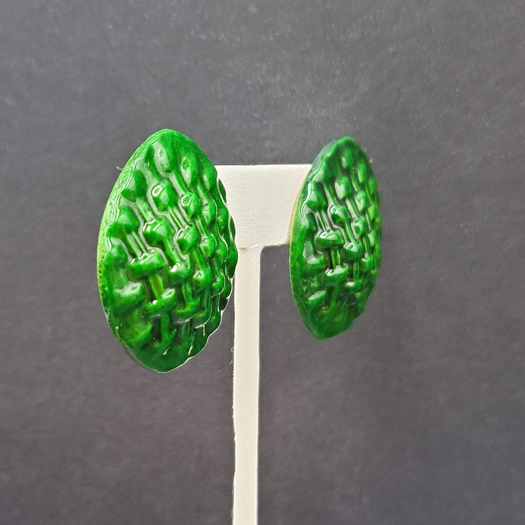 Vintage Pierced Earrings Dark Green Weave Pattern  1.5"