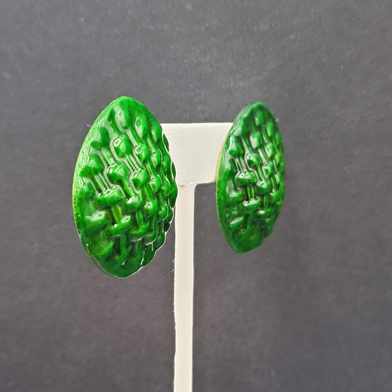 Vintage Pierced Earrings Dark Green Weave Pattern  1.5"