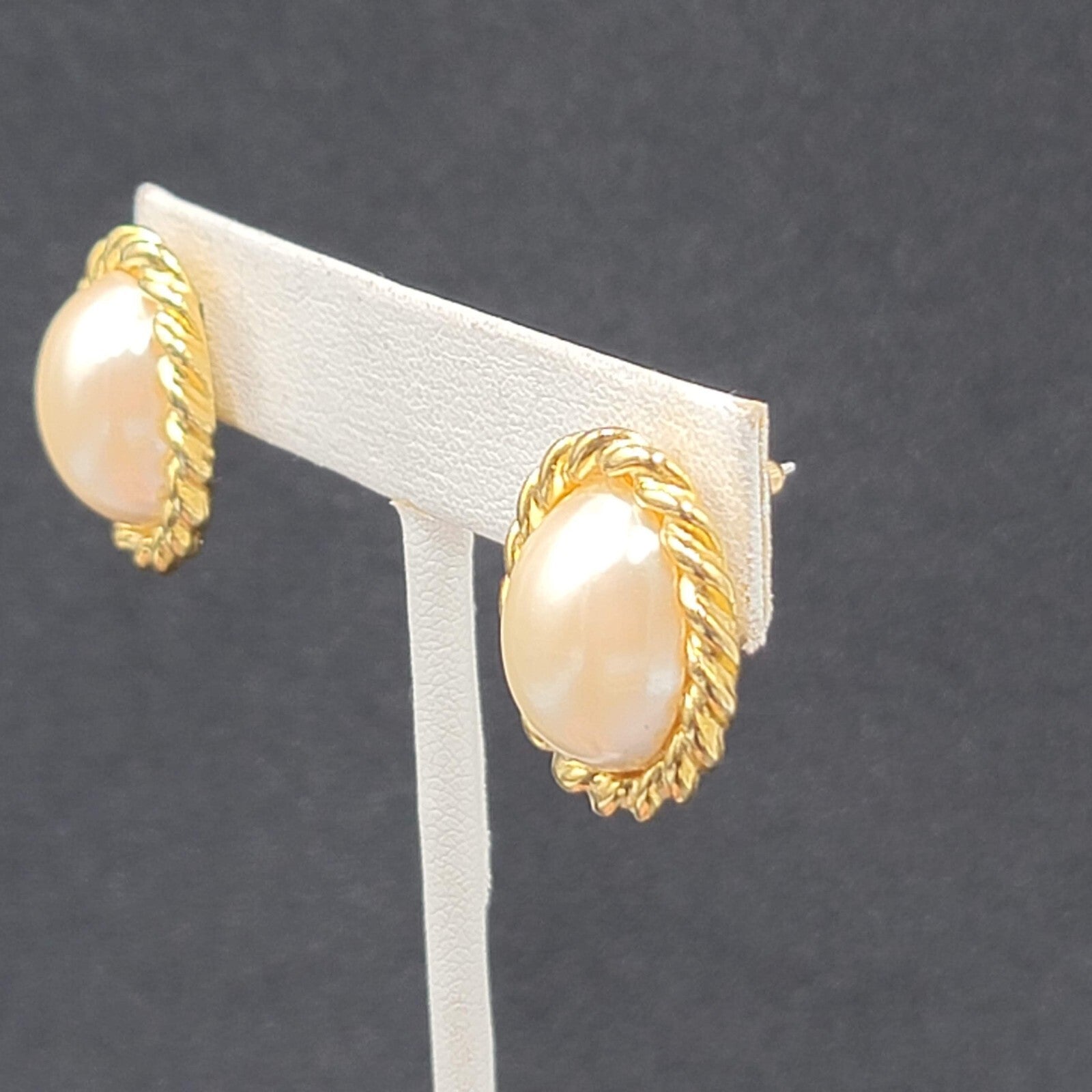 SC Pierced Earrings Gold Plated White Cabochon  7/8"