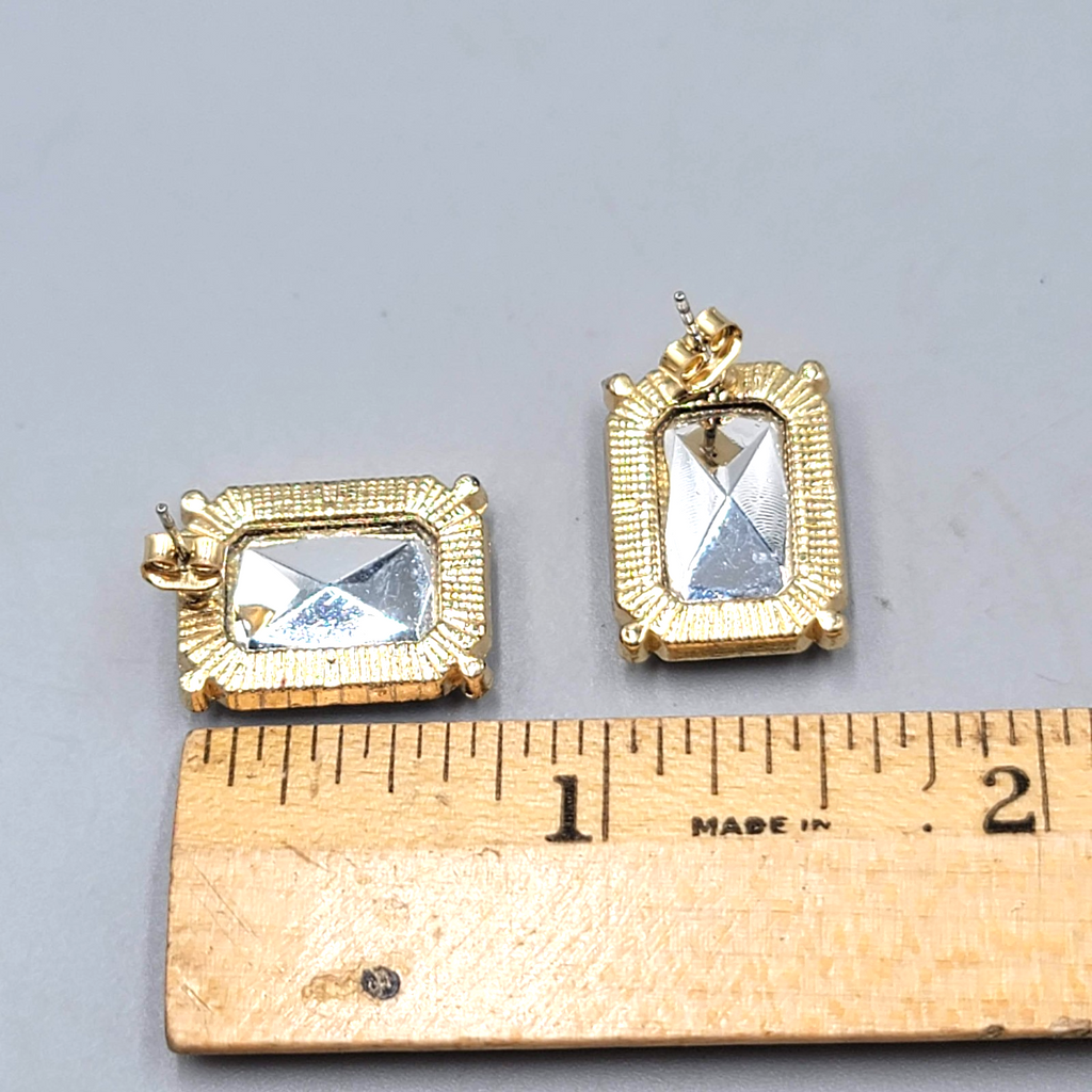 Opaque White Rectangle Pierced Earrings Gold tone Drop 3/4"
