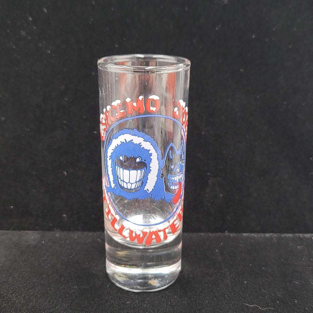 Vintage Eskimo Joes Stillwater OK 4 in  shooter shot glass- logo on clear